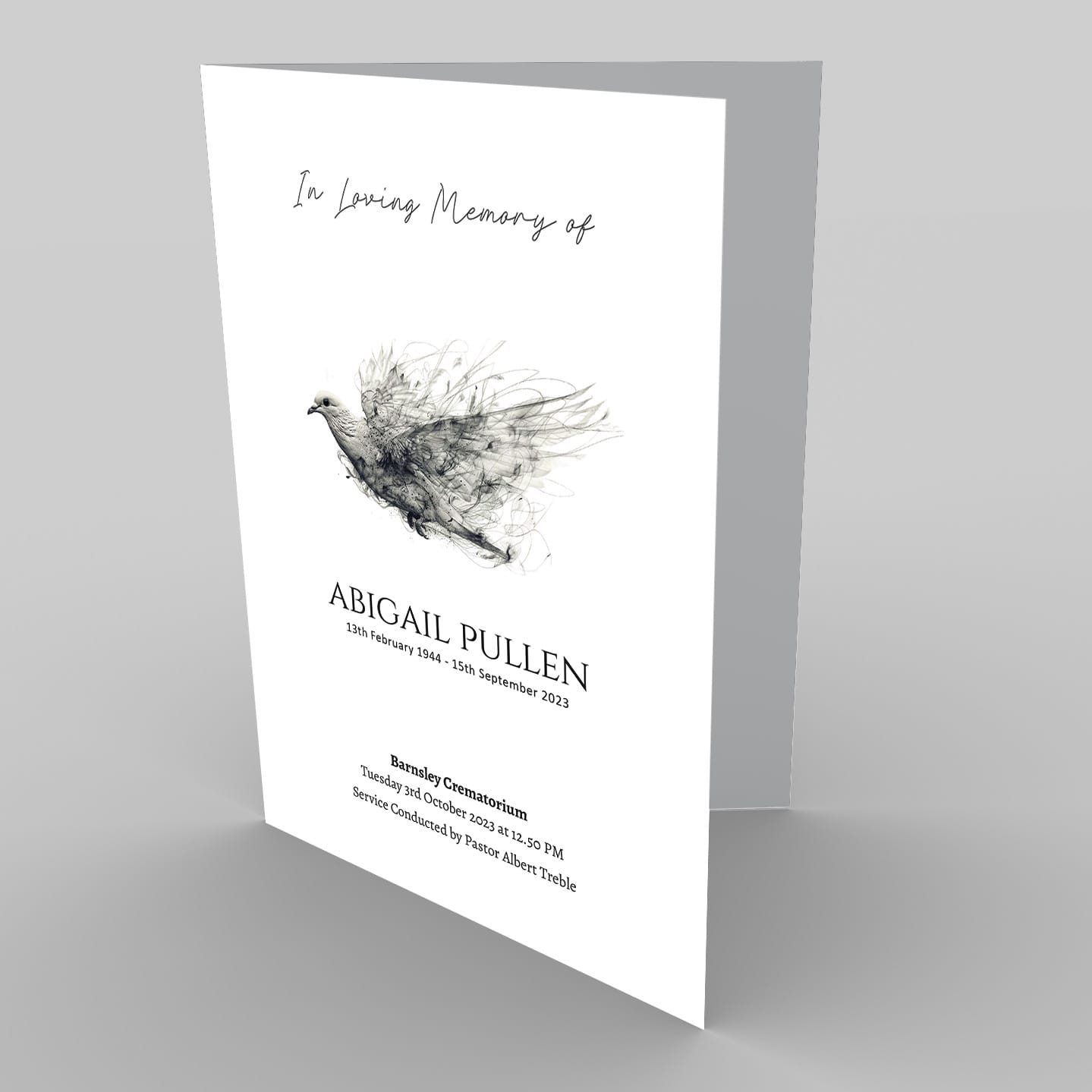 A memorial service card for Abigail Pullen, including a date of birth, date of death, and details of the commemoration service. A 4.9 Dove Sketch 2 decorates the top corner, adding a touch