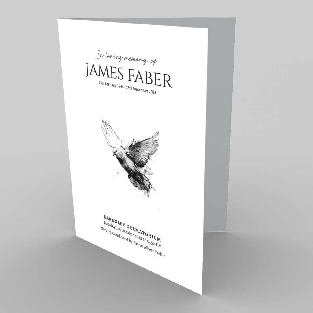 Memorial service program featuring the name "James Faber" with a dove illustration and a 23.0.1 Green Tone Wreath 6.