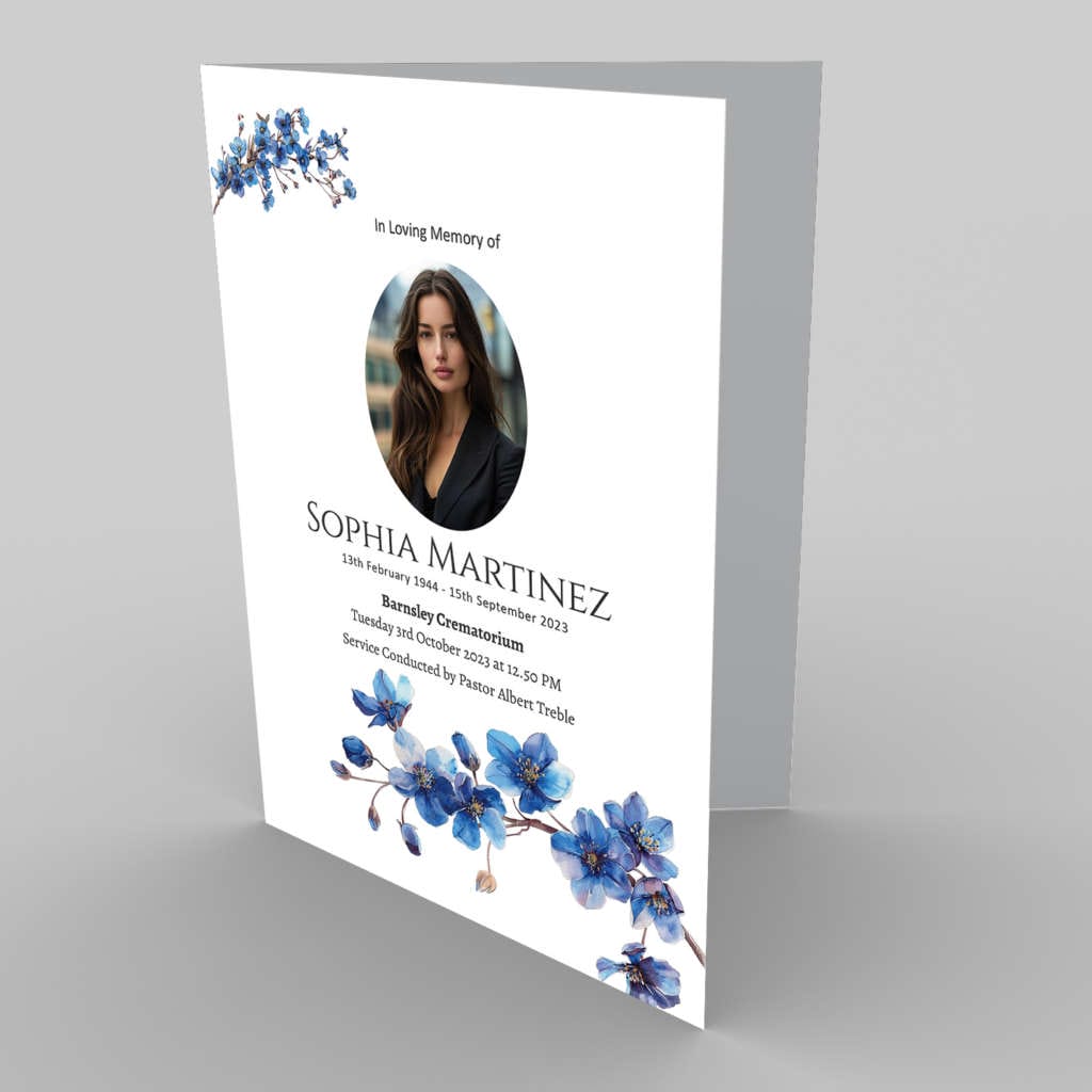 A memorial service program with a 33.1.2 Forget Me Not Watercolour design featuring Forget Me Nots and a portrait of a woman named Sophia Martinez.