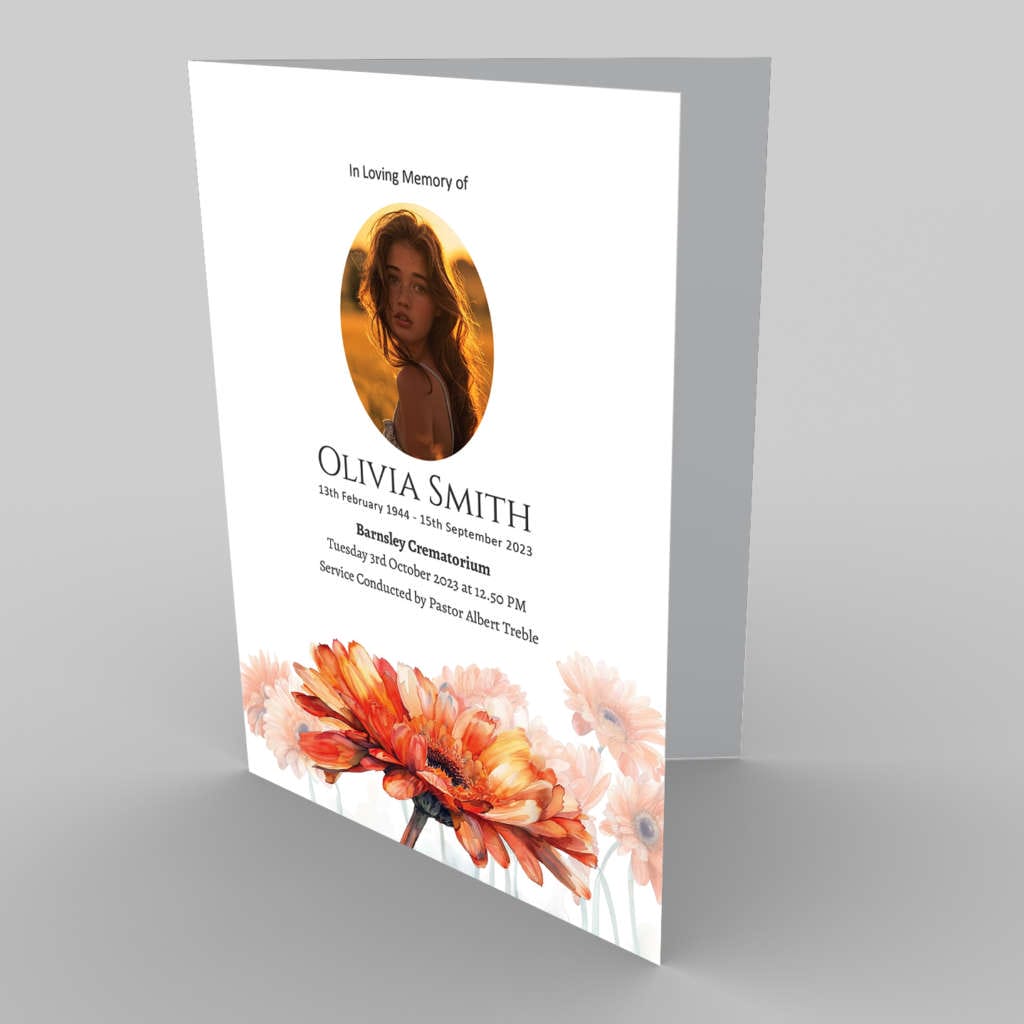 Memorial service program featuring a portrait of a woman, named Olivia Smith, with 4.2.1 Peaceful Calm Scene design elements.