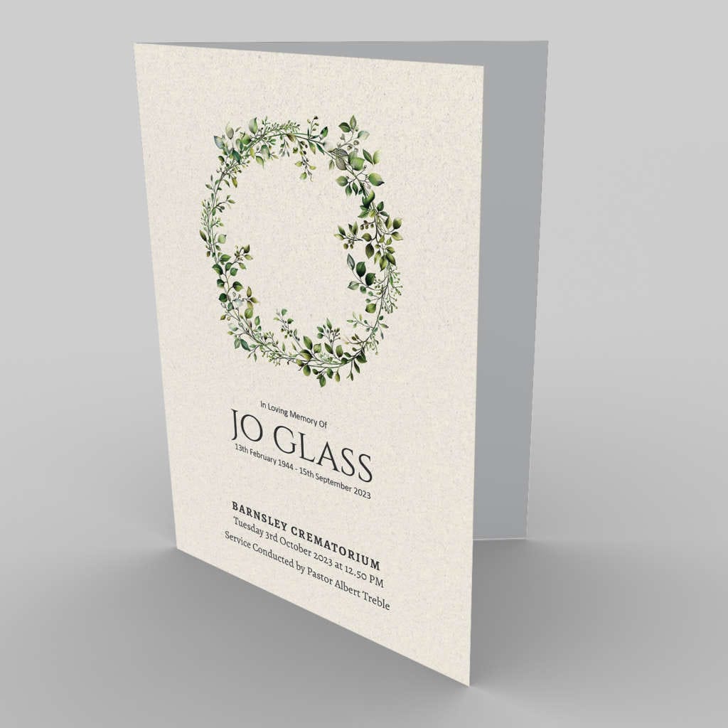 A memorial service invitation with a 1.6.7 Green Tone Wreath design for Joy Glass.