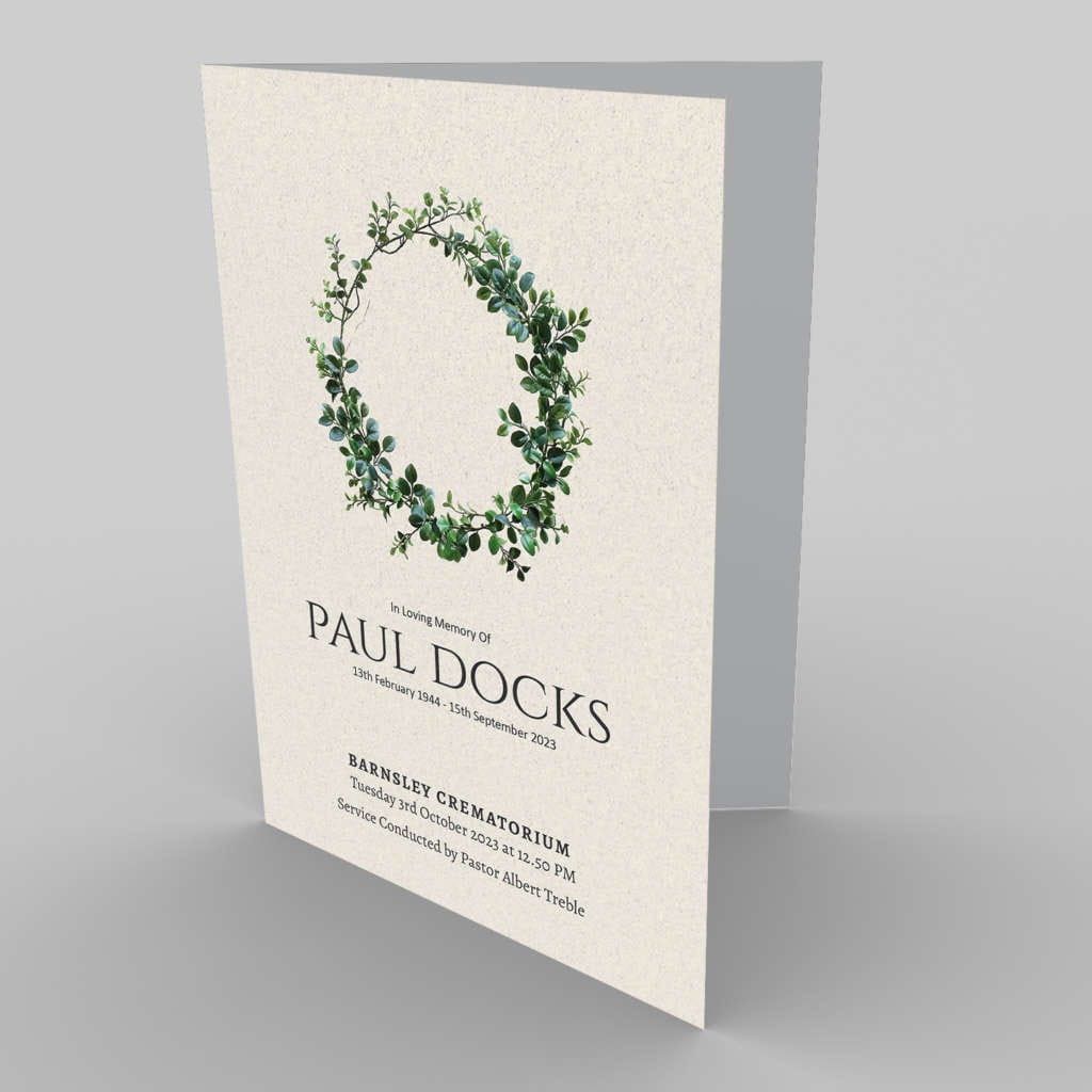 A funeral service invitation card for Paul Docks with a 1.6.7 Green Tone Wreath 1 design.