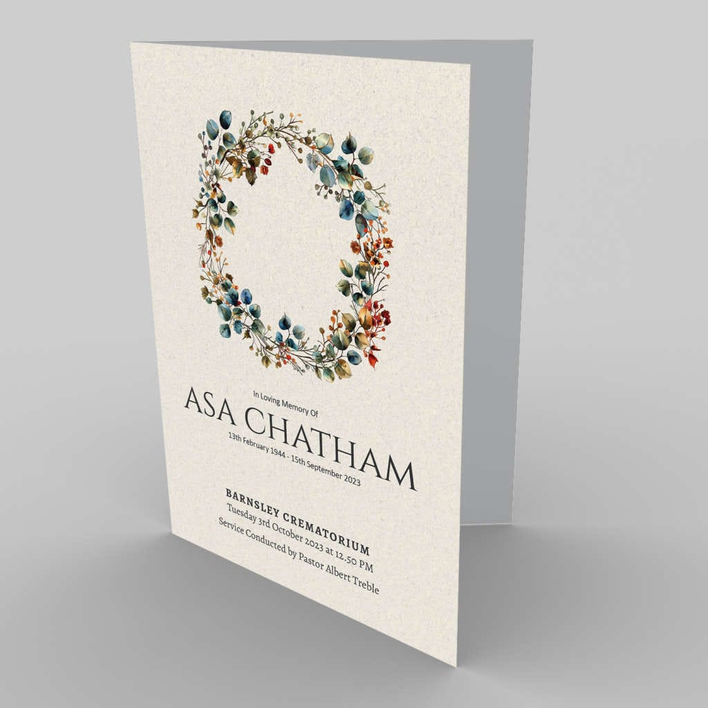 Elegant funeral program featuring a 1.6.2 Green Tone Wreath 3 design and details for Asa Chatham's memorial service.