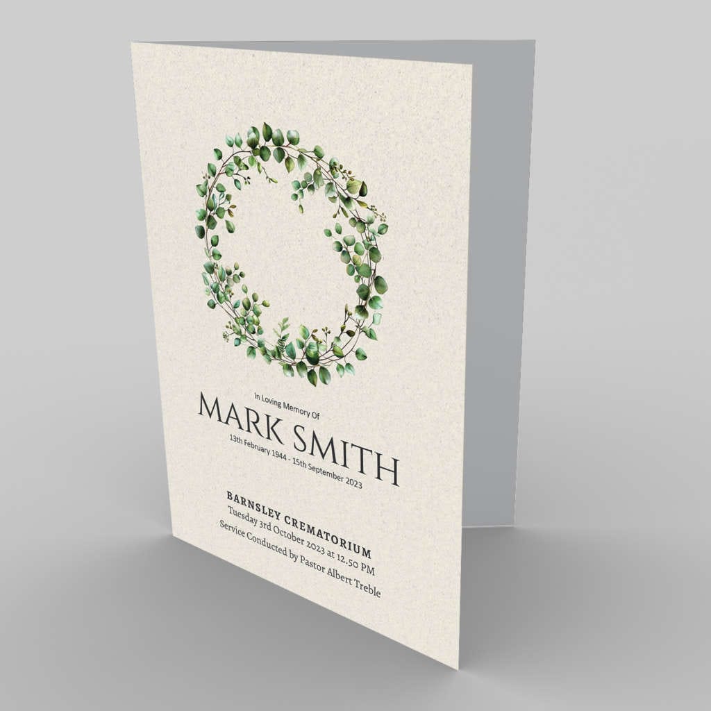 Elegant funeral program with a 3.8.5 Green Tone Wreath 4 design for Mark Smith.