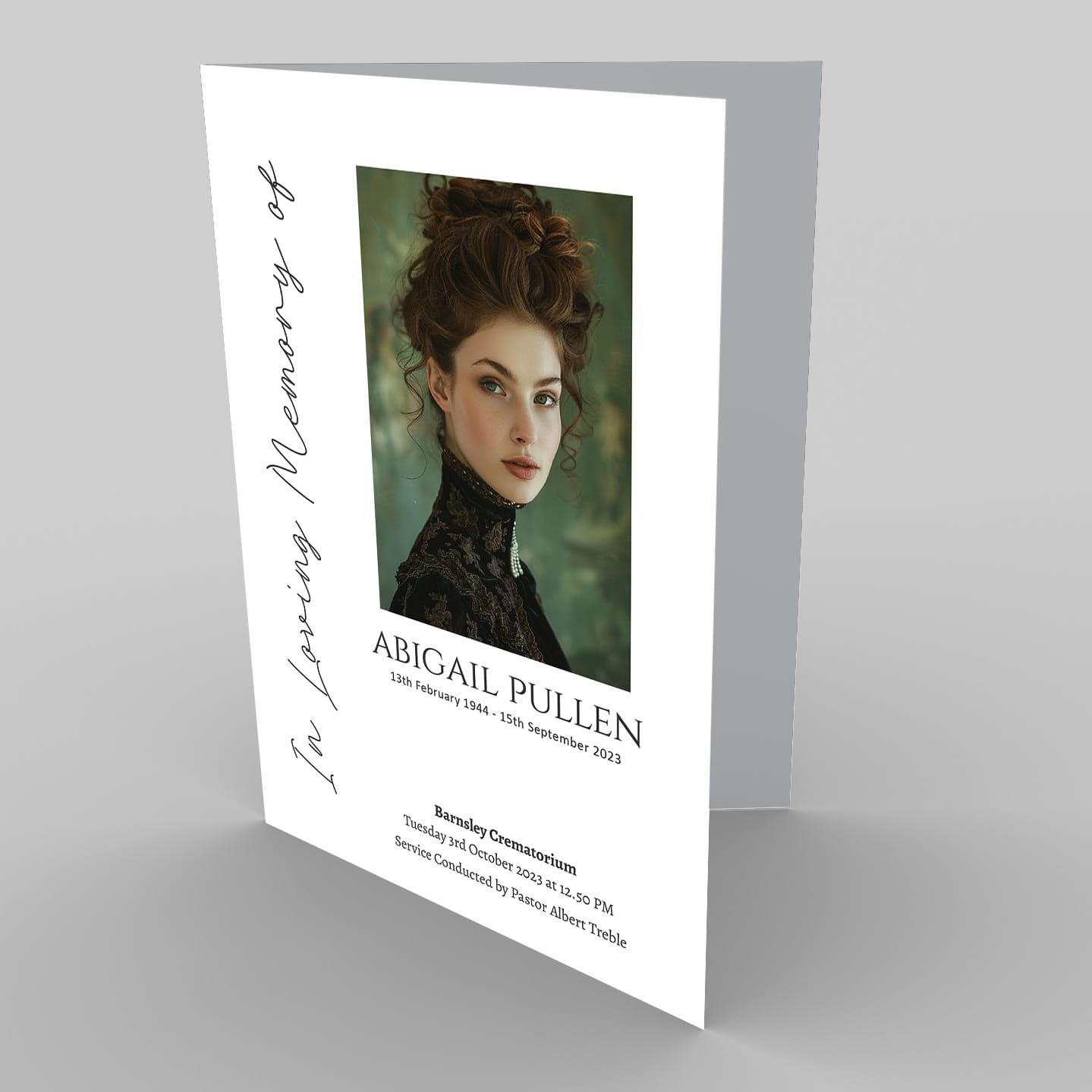 A funeral program with an image of a woman and a 2.3 Chrysanthemum Stem (Copy).