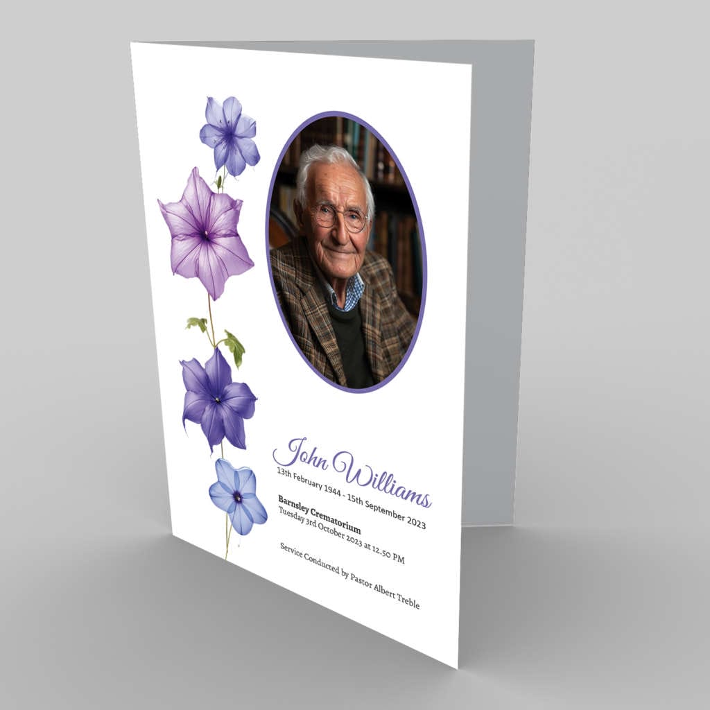 A funeral program with purple flowers and an image of an old man in 7.1 In Memory Bold in memory of him.