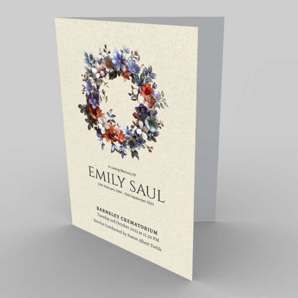 A memorial service invitation card for Emily Saul featuring a 3.3.9 Delicate Lilac Wreath design, with service details included.