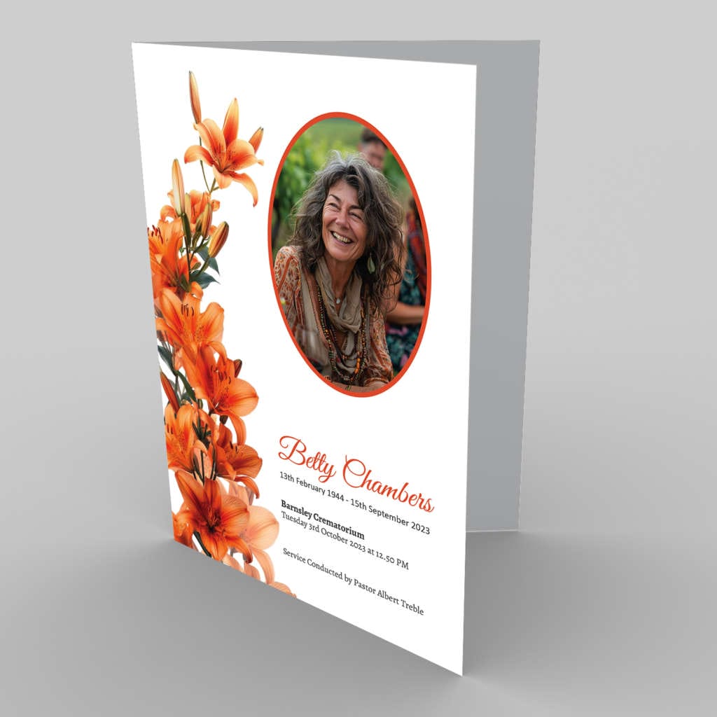 A funeral program with 9.0 Orange Carnations and a photo of a woman.