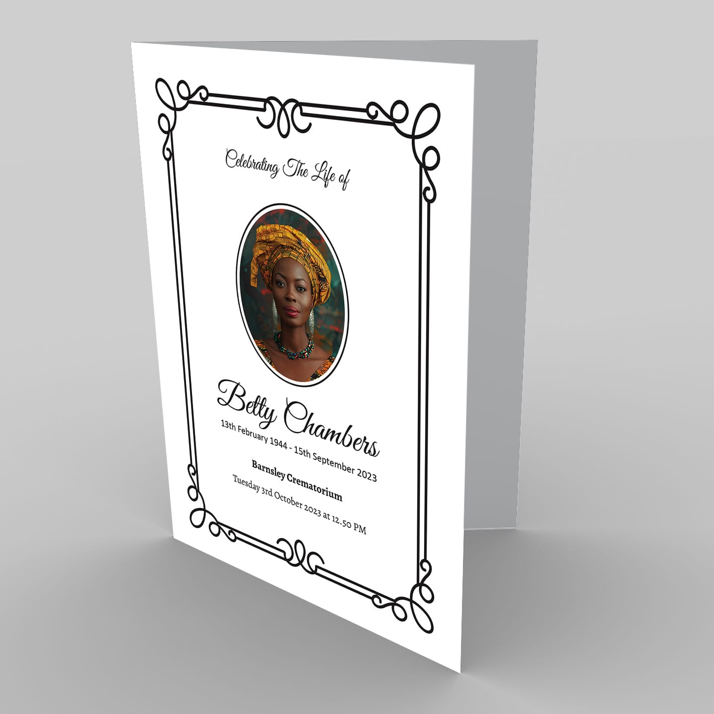 Elegant memorial service program for Betty Chambers with a portrait and event details, adorned with a 1.7.9 Busy Nature Wreath (Copy).