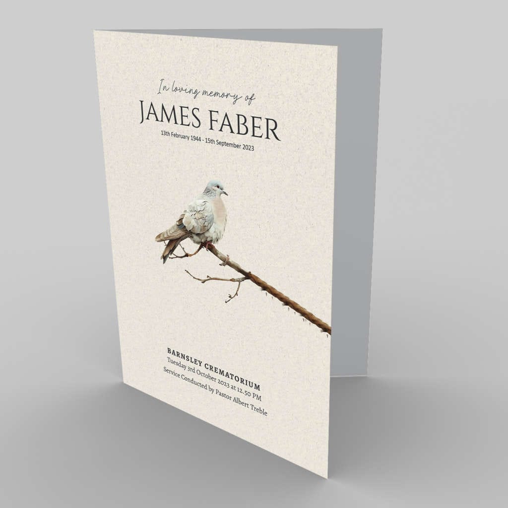 A memorial service program for James Faber with a 2.6.7 Peaceful Dove design.