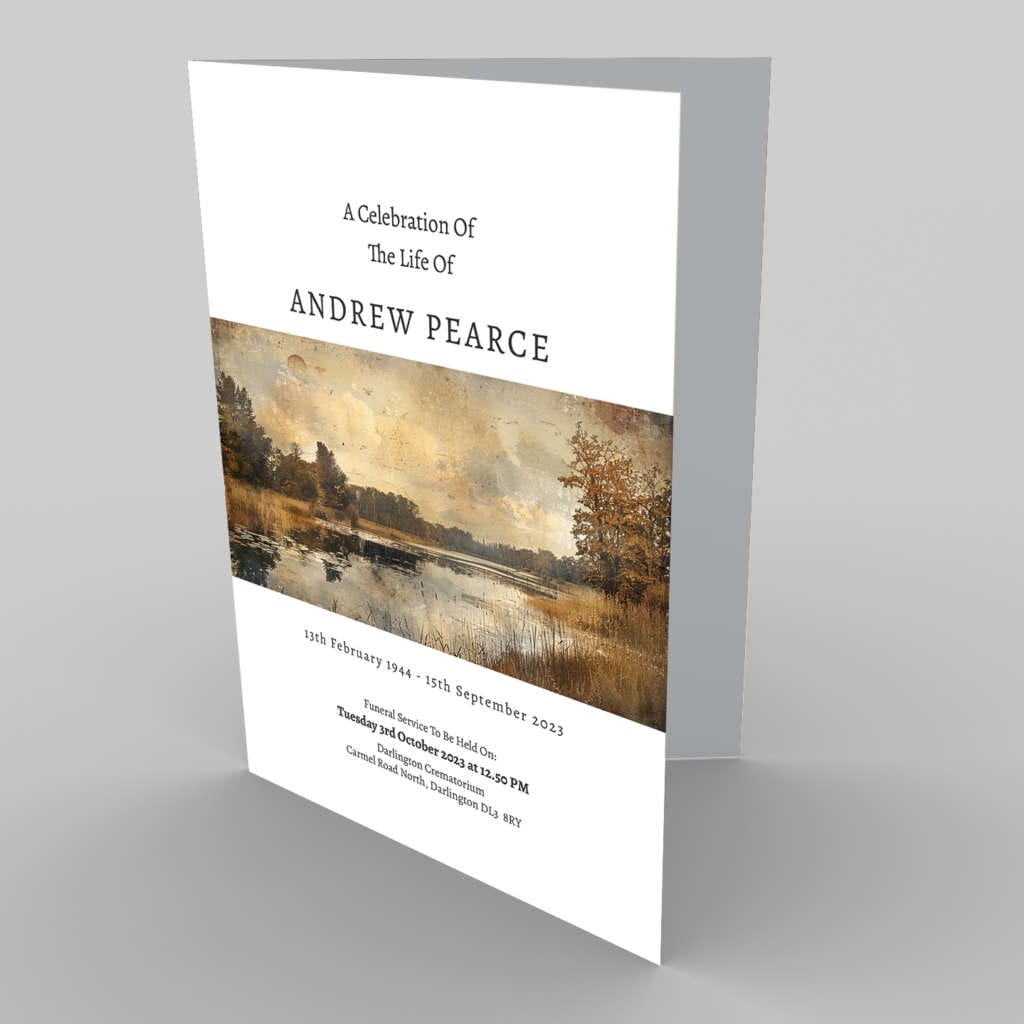Memorial service program for Andrew Pearce featuring a 4.2.1 Peaceful Calm Scene.