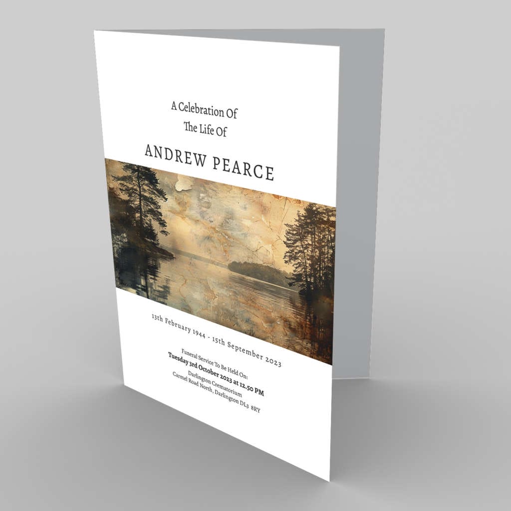 A funeral program titled "a celebration of the life of andrew pearce" with service details and a serene nature background with 1.2.8 Delicate Rose Tints (Copy).