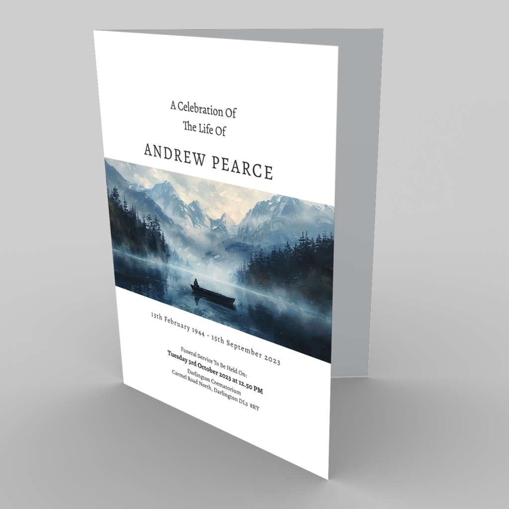 A funeral program for "Andrew Pearce" featuring the 3.7.8 Peaceful Calm Scene 3 with serene mountain scenery and a lone boat on a misty lake.