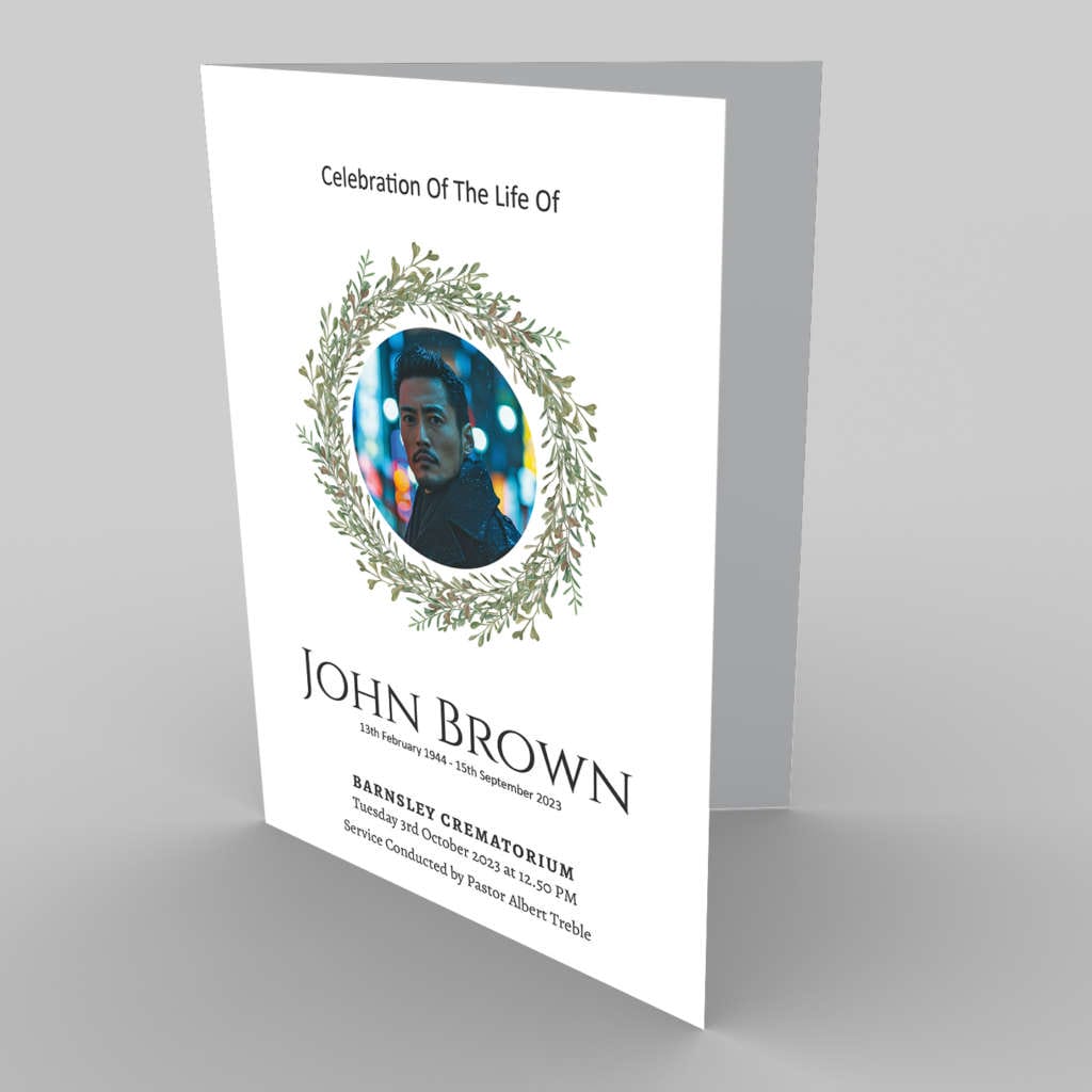 A memorial service program with the name "John Brown," featuring an image of the 9.2.4 Shining Light, surrounded by a wreath, and details of the ceremony.