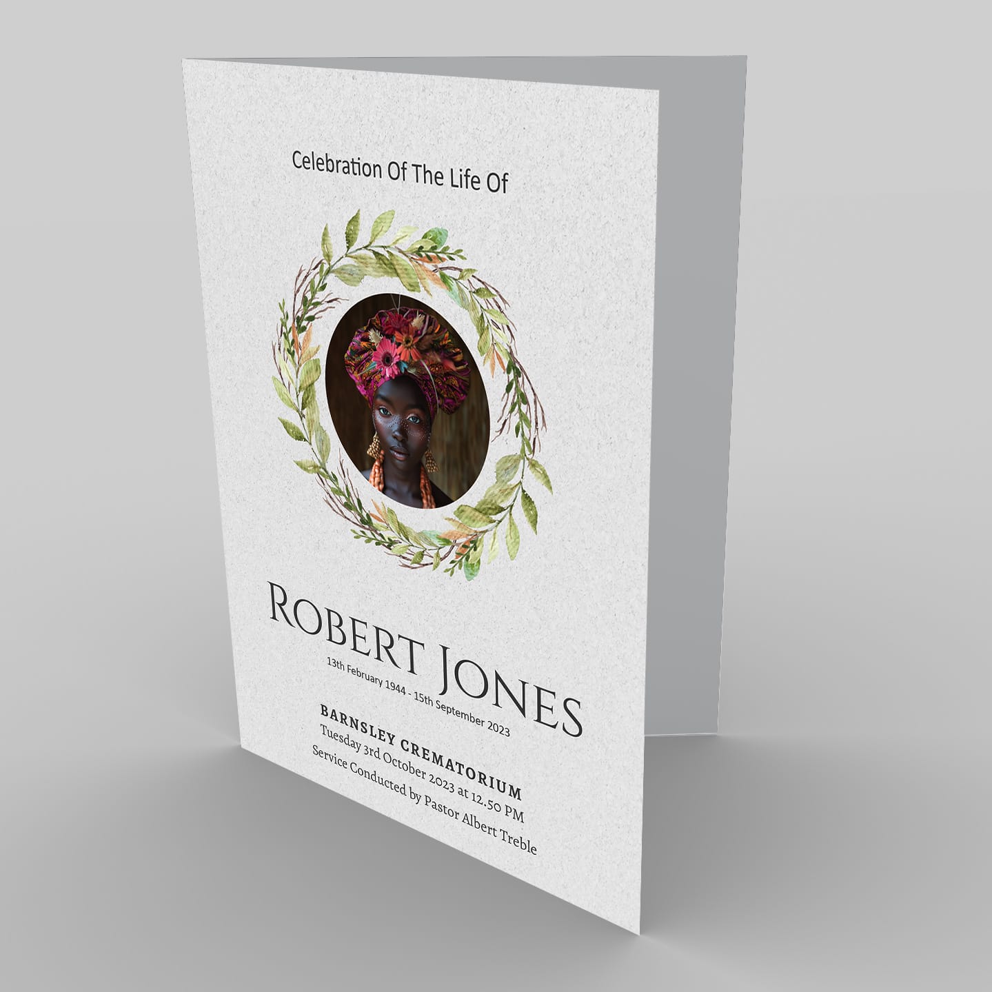 Funeral program featuring a 6.3.4 Photo in Wreath 2 of a woman, commemorating the life of Robert Jones.