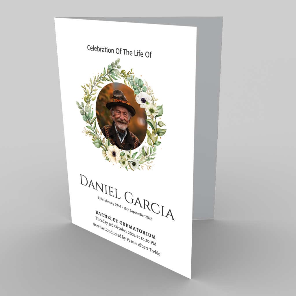 A funeral program card for Daniel Garcia with service details and a 1.2.9 Photo in Wreath (Copy) containing a photograph.