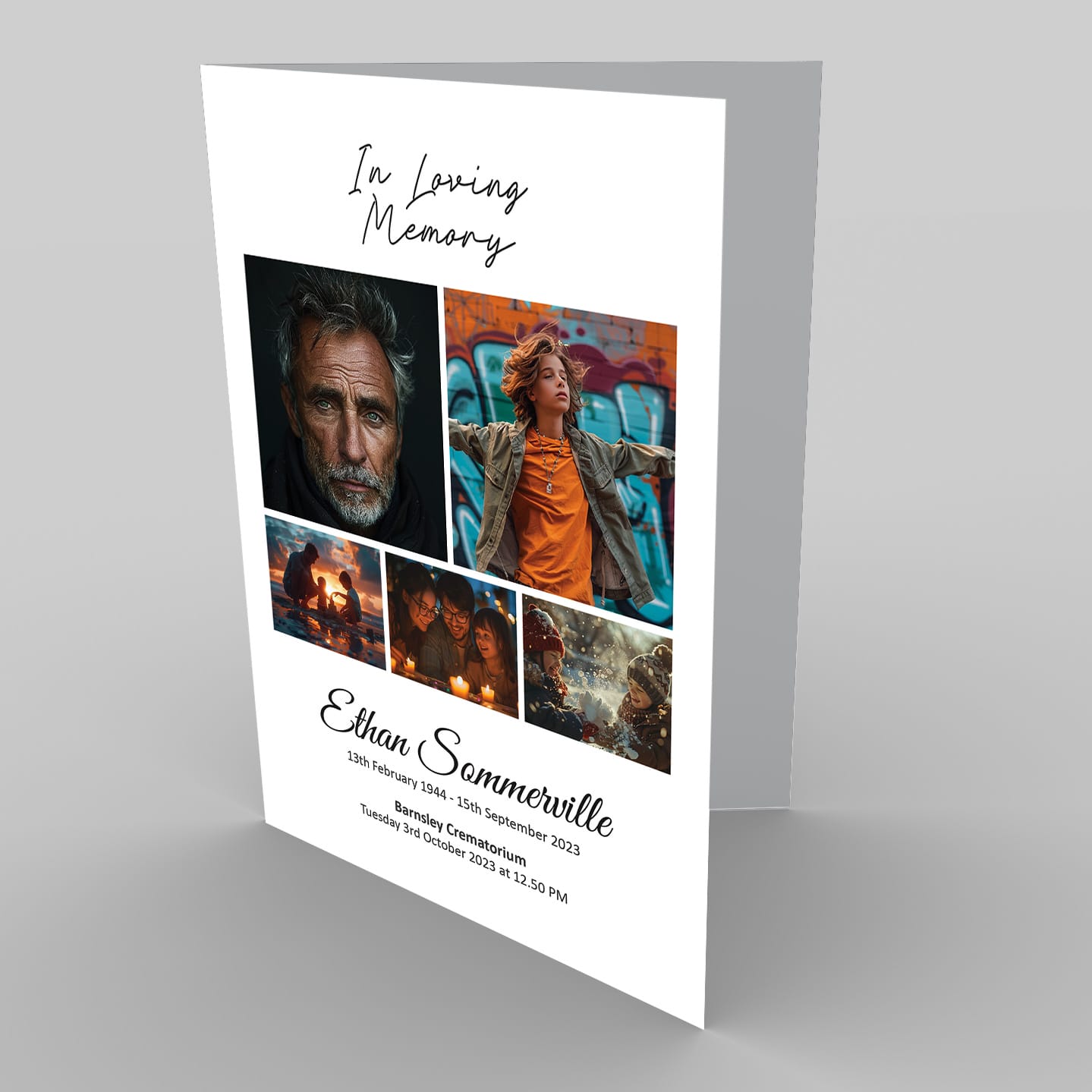 A memorial service program featuring a 8.1 Picture Montage of personal photos with the text "in loving memory of Ethan Sommerville".