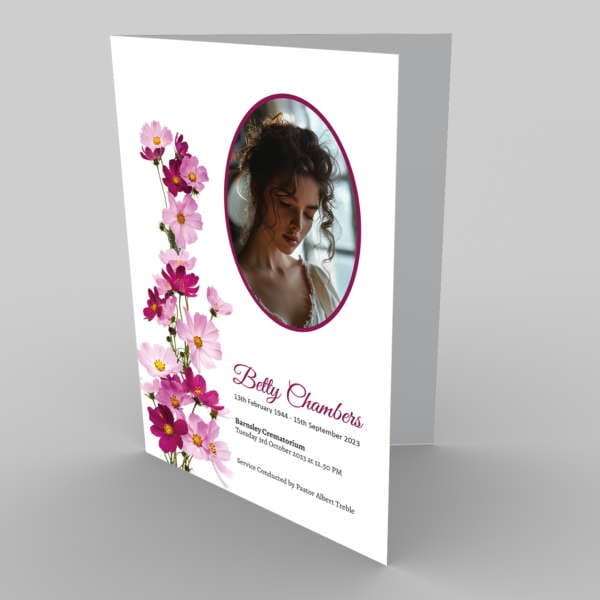 A funeral program with a 3.3 Orange floral (Copy) of a photo of a woman.