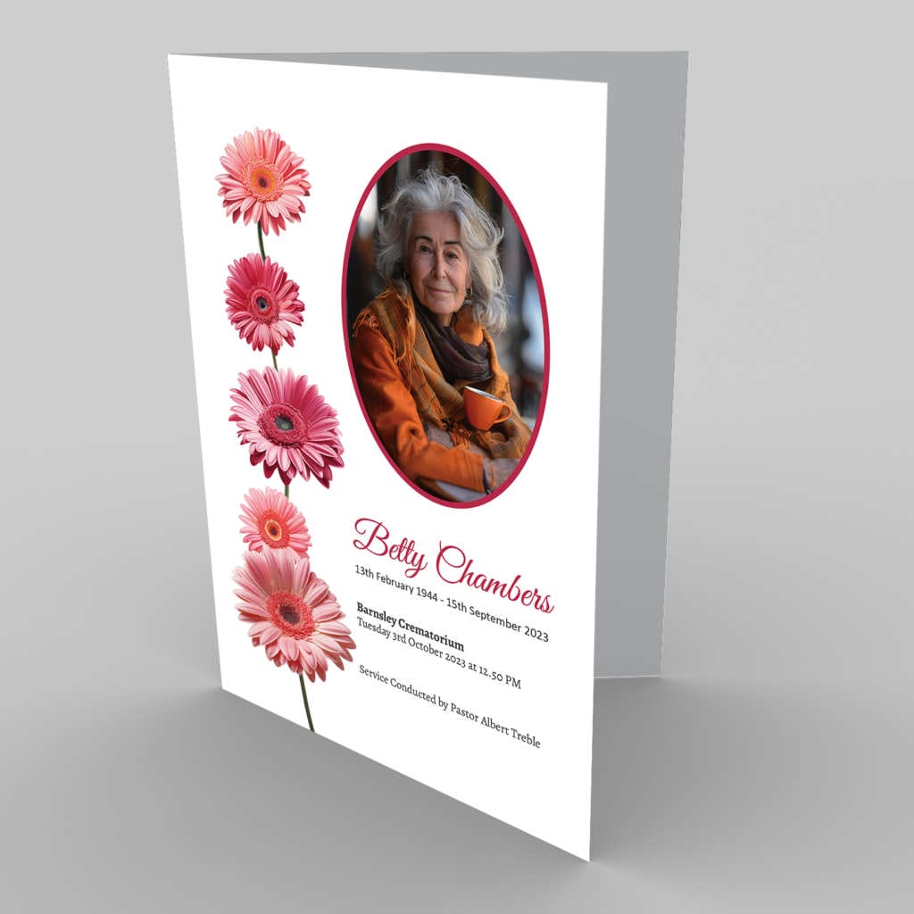 A 2.1 Pink Floral funeral program with a photo of a woman with pink floral daisies.