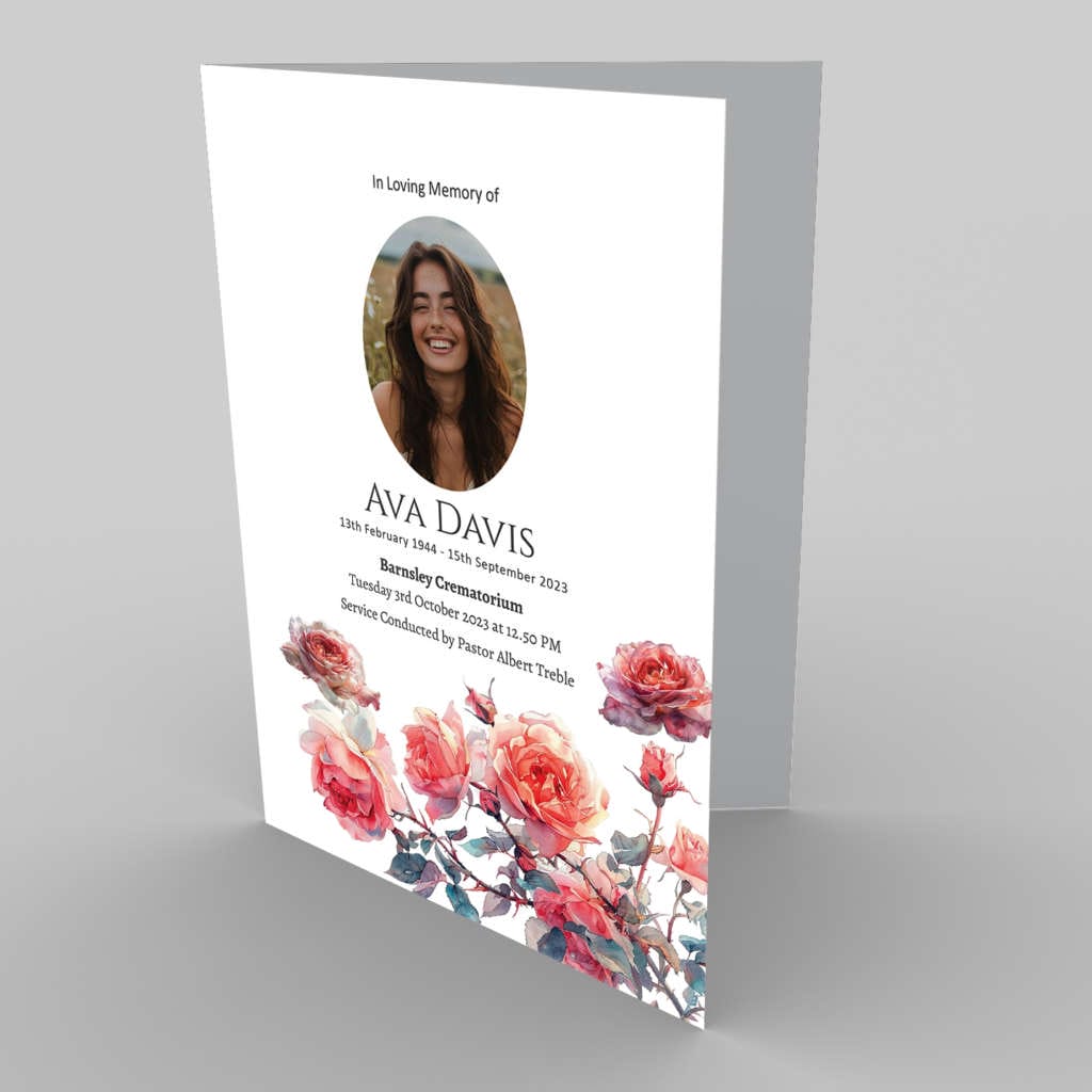 A memorial service program with the name Ava Davis, featuring her photo and adorned with 2.6.6 Pink Rose Watercolour graphics.