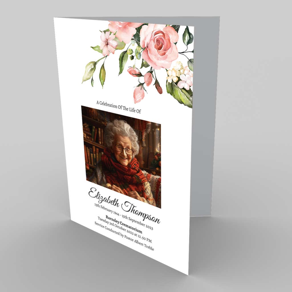 A funeral program with an image of a woman, flowers, and 1bc Light Symbols Multi Picture.