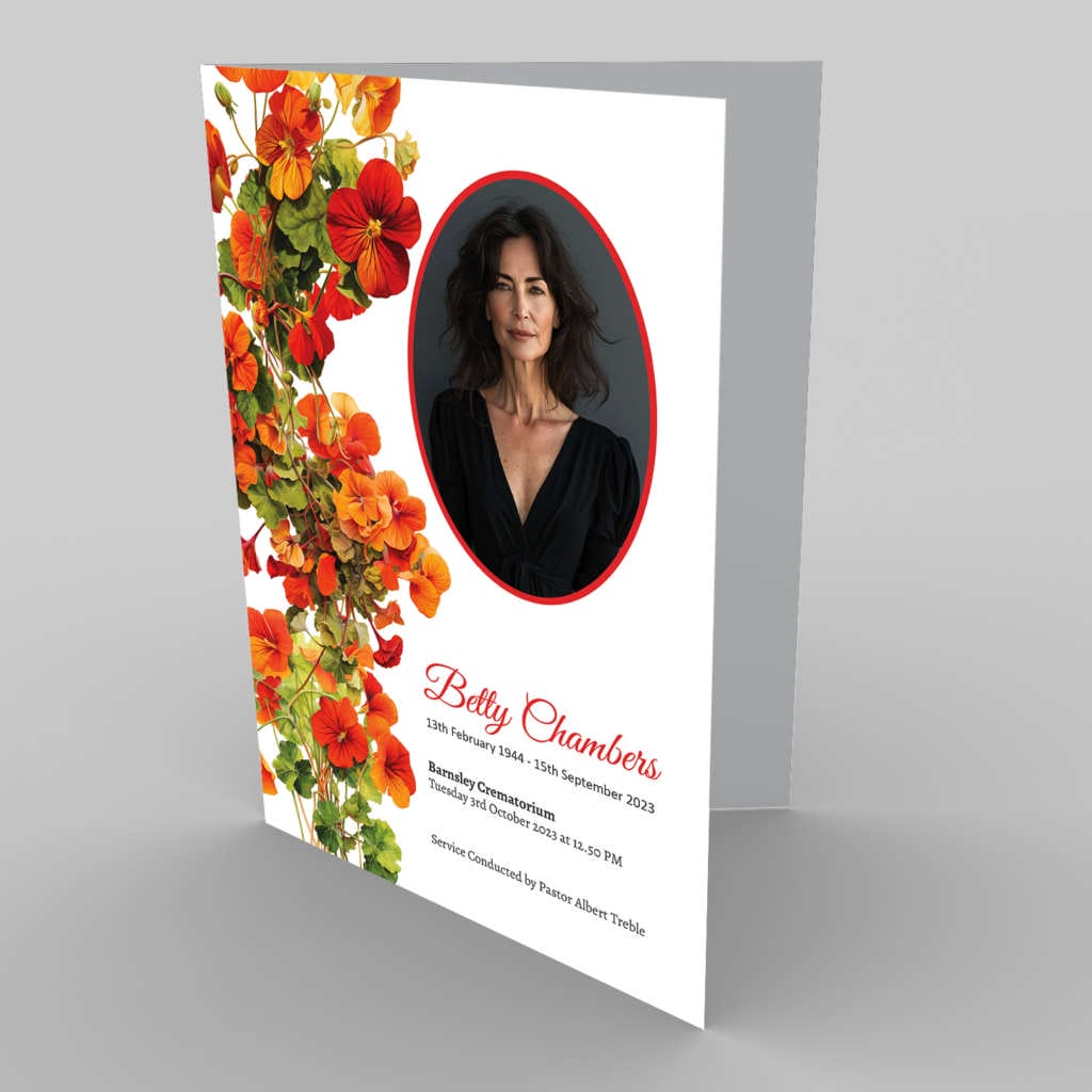 A funeral program template with a photo of a woman with 8.3 Pink Gerbera flowers.