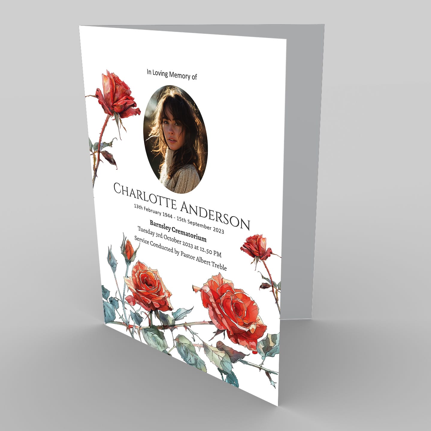 Memorial service program featuring a woman's photo, floral design, and a 5.8.7 New Beginning theme.