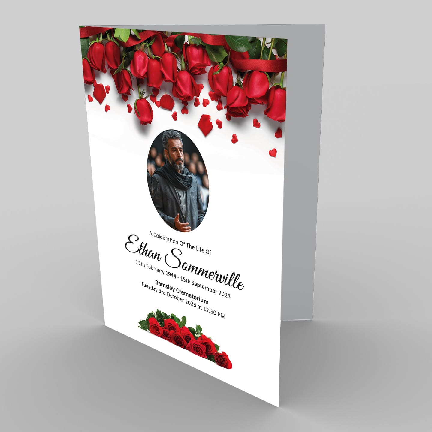 A funeral program with a photo and 11.9 Daffodil Everywhere (Copy).