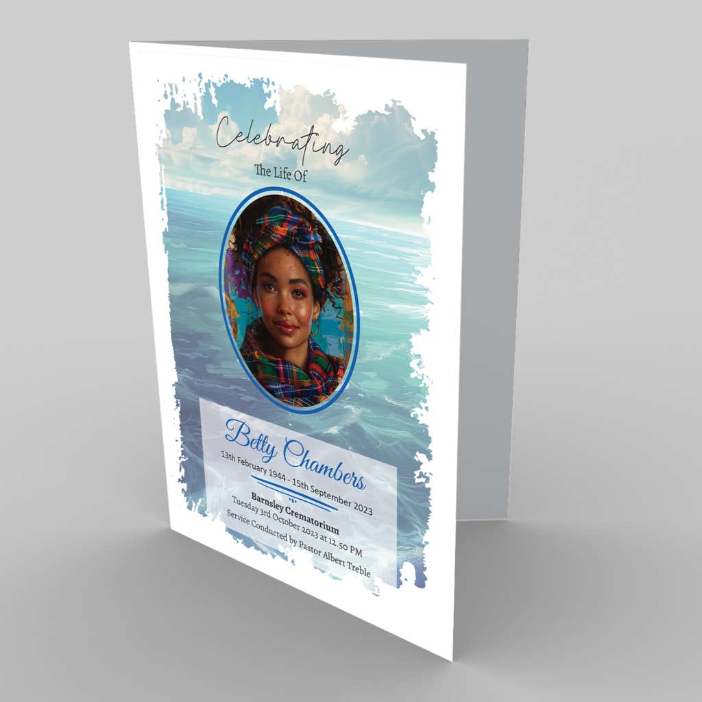 A funeral program with a copy of an image of a woman in a blue dress surrounded by 2.1 Cascading Flowers (Copy).