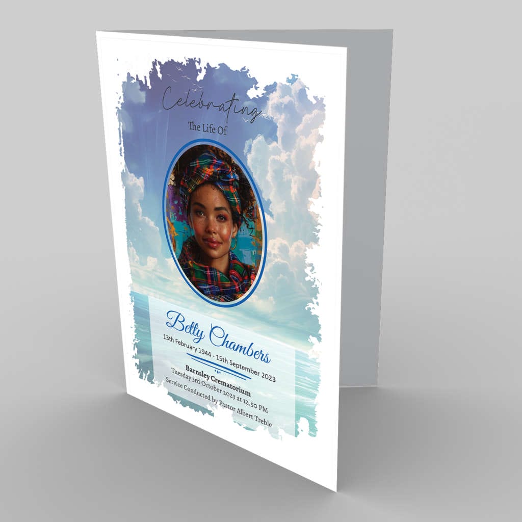 A funeral program template with an image of a woman in a turban overlooking 4.1 Seascape 1.