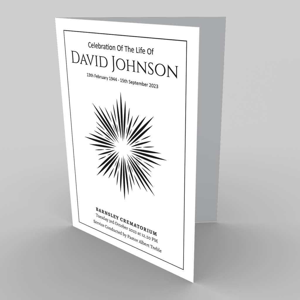 A memorial service program for David Johnson, 9.2.4 Shining Light, displayed on a stand.