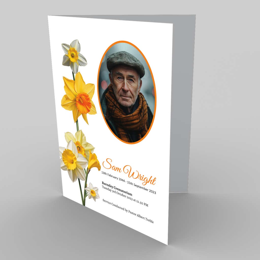 A striking white card with a picture of a man and 45.2 Striking Daffodils.