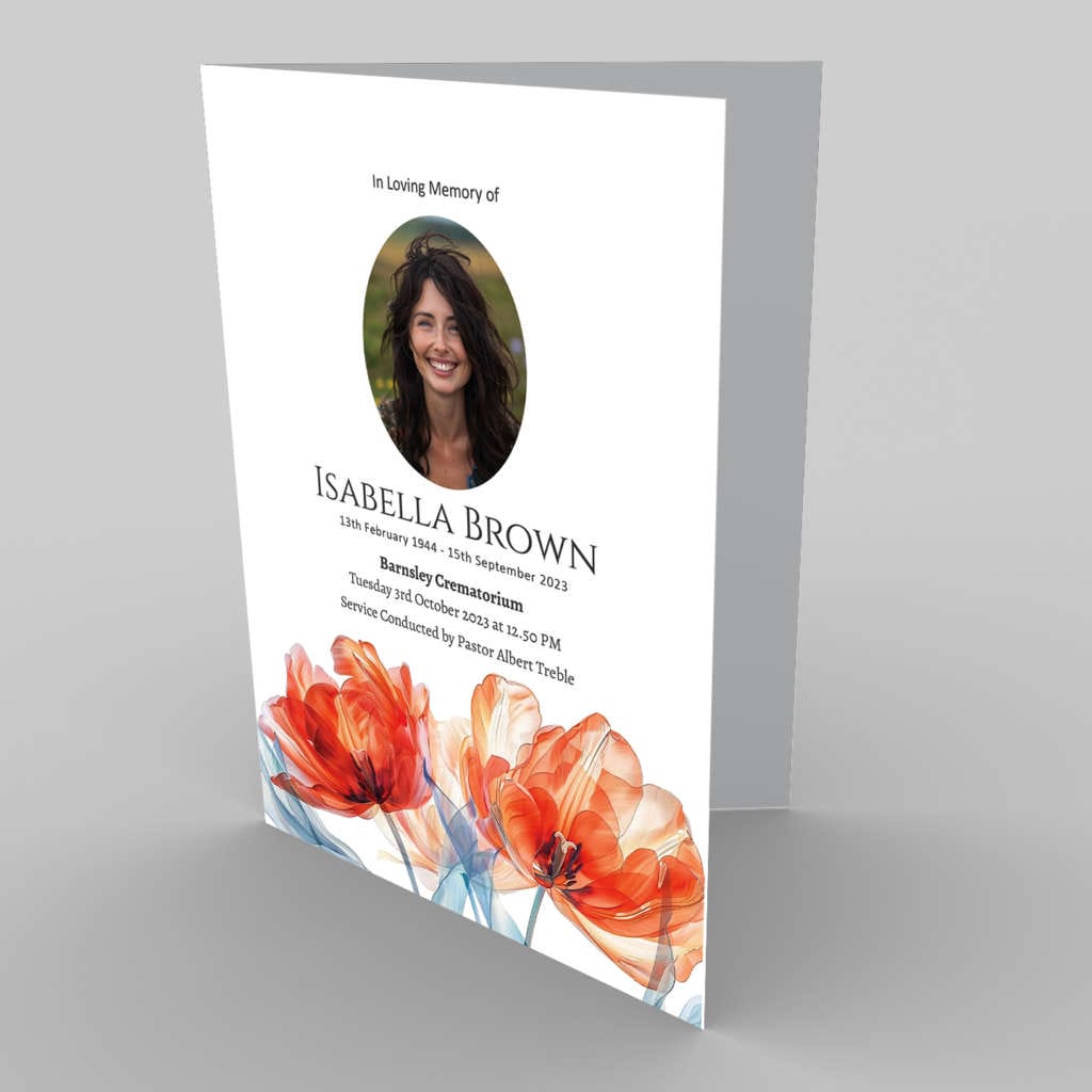 Memorial service program with 7.1.9 Red Rose Watercolour design for Isabella Brown.
