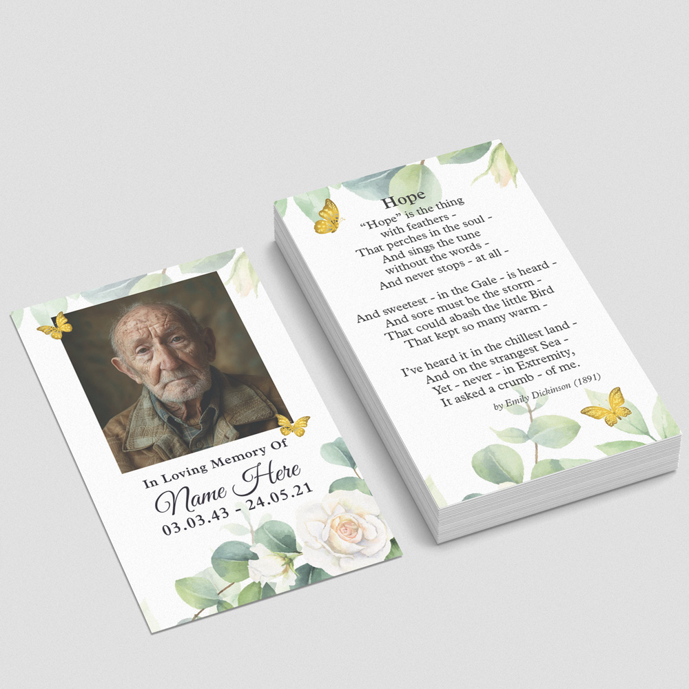 Gold Butterfly White Rose memorial card