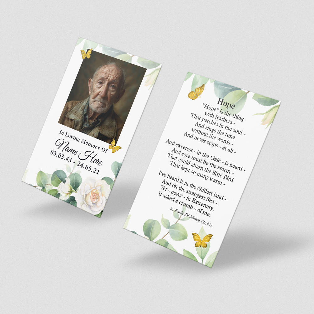 Gold Butterfly White Rose memorial card