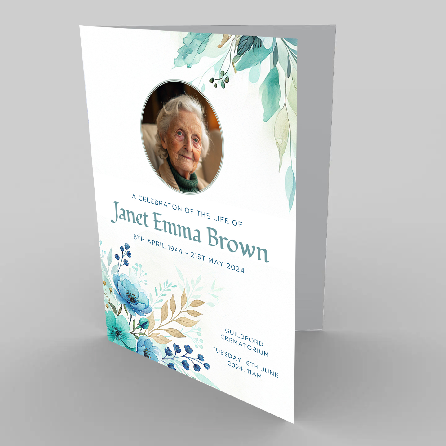 Teal and Gold Florals Funeral Order of Service