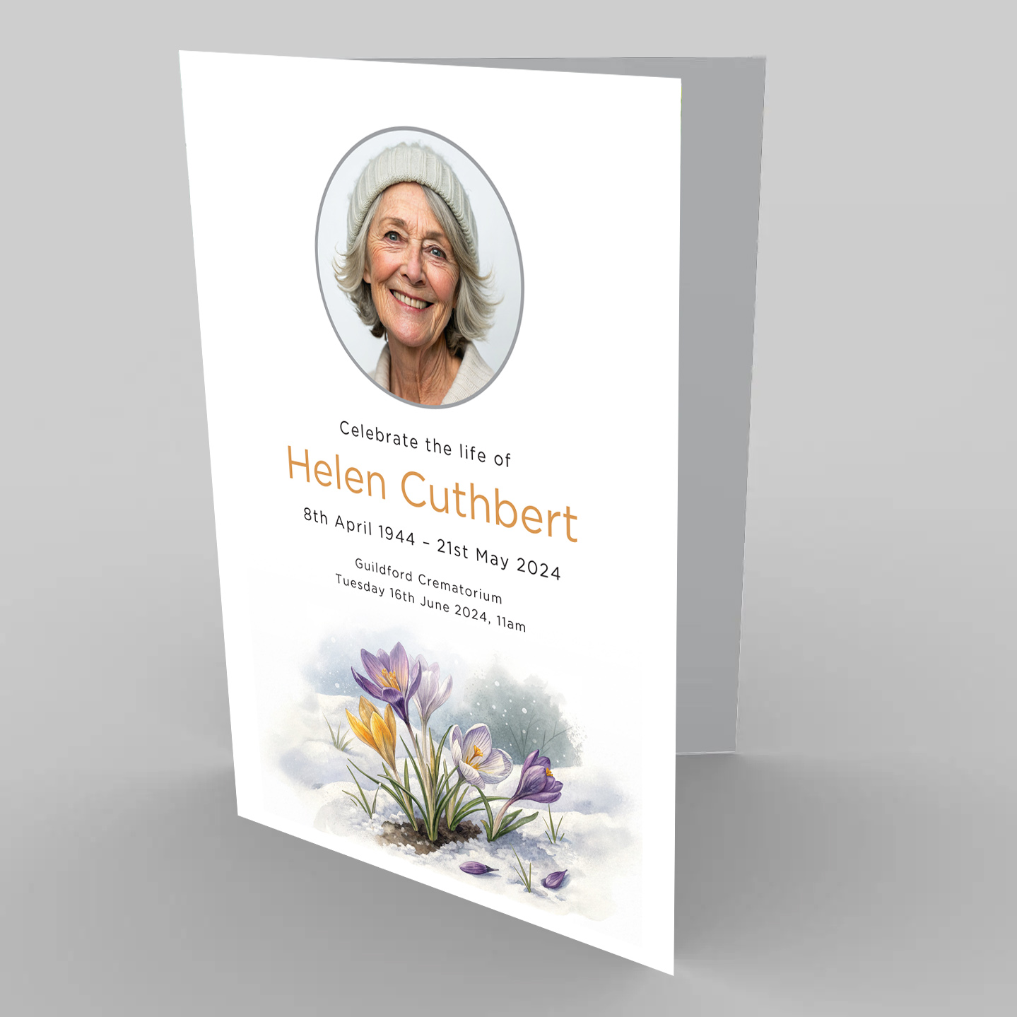 A beautifully calm winter funeral order of service template featuring delicate crocuses blooming through snow.
