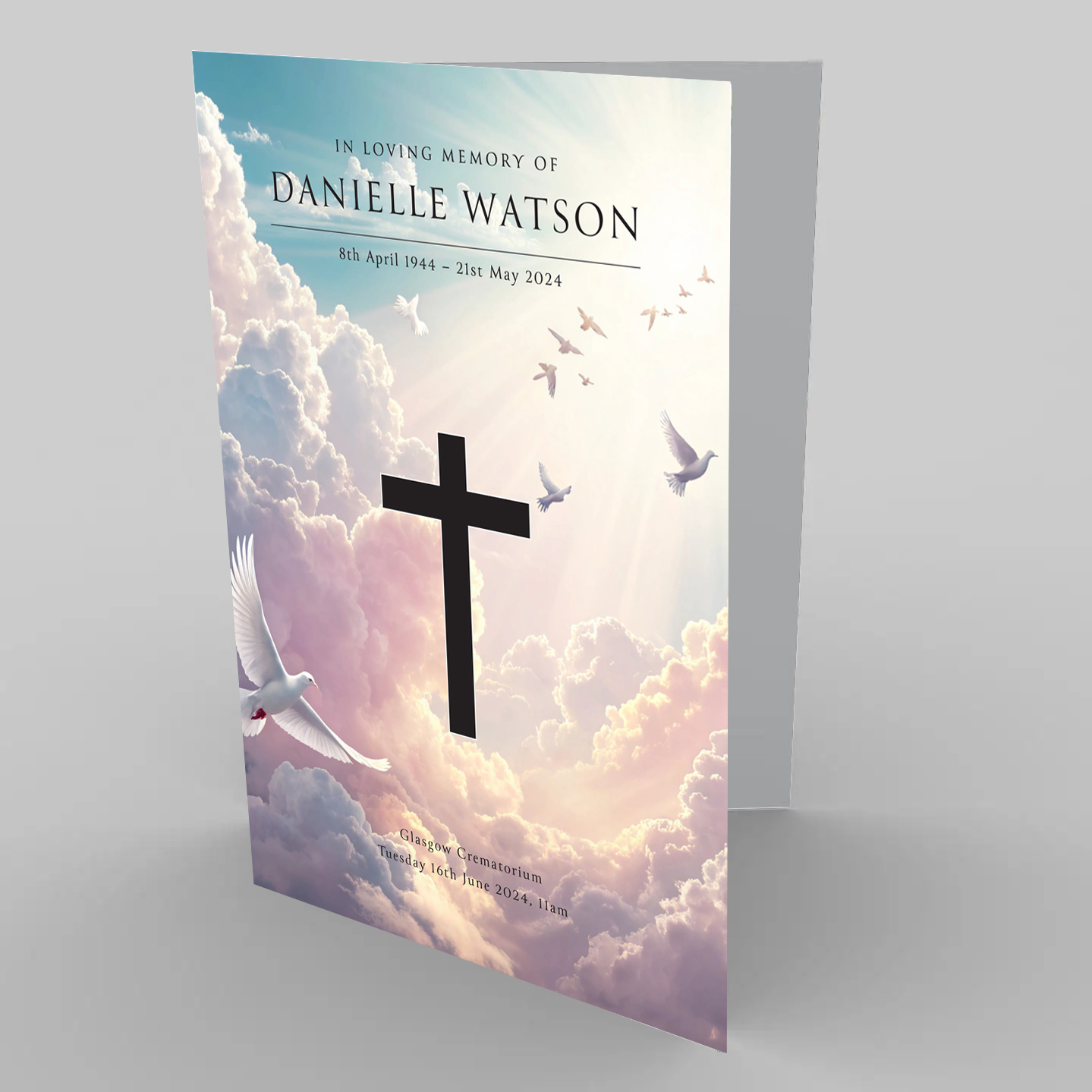 A beautifully symbolic template featuring doves flying towards the sun.