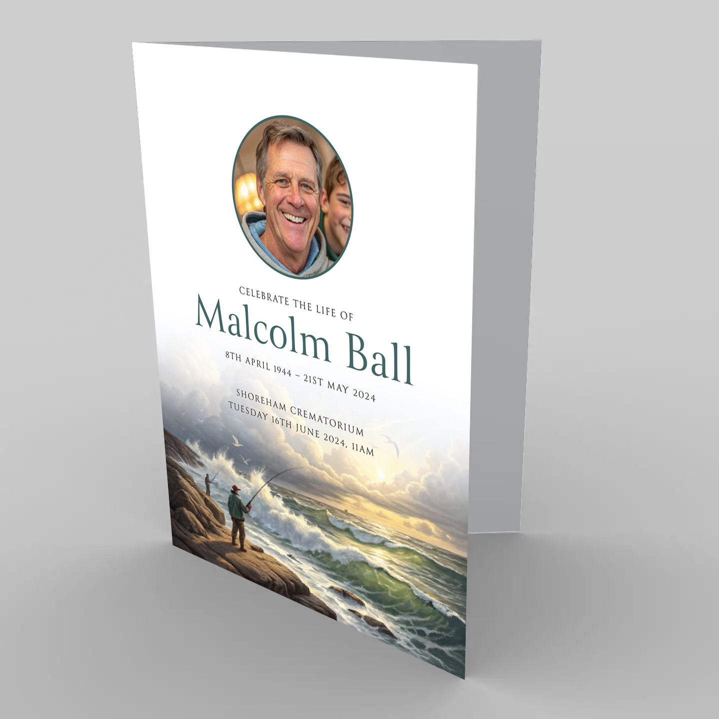 Funeral order of service design for a fisherman, a5 funeral order of service booklets, printed on 400gsm premium card stock.