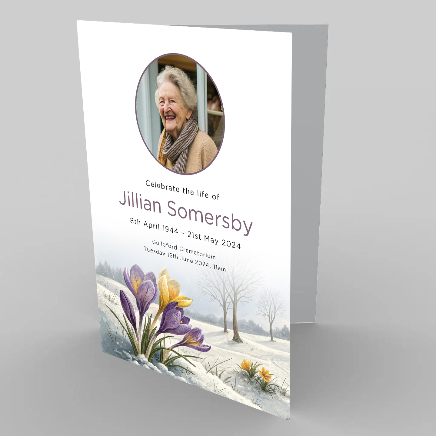 Purple and yellow flowers feature on the front cover page of this funeral order of service template.