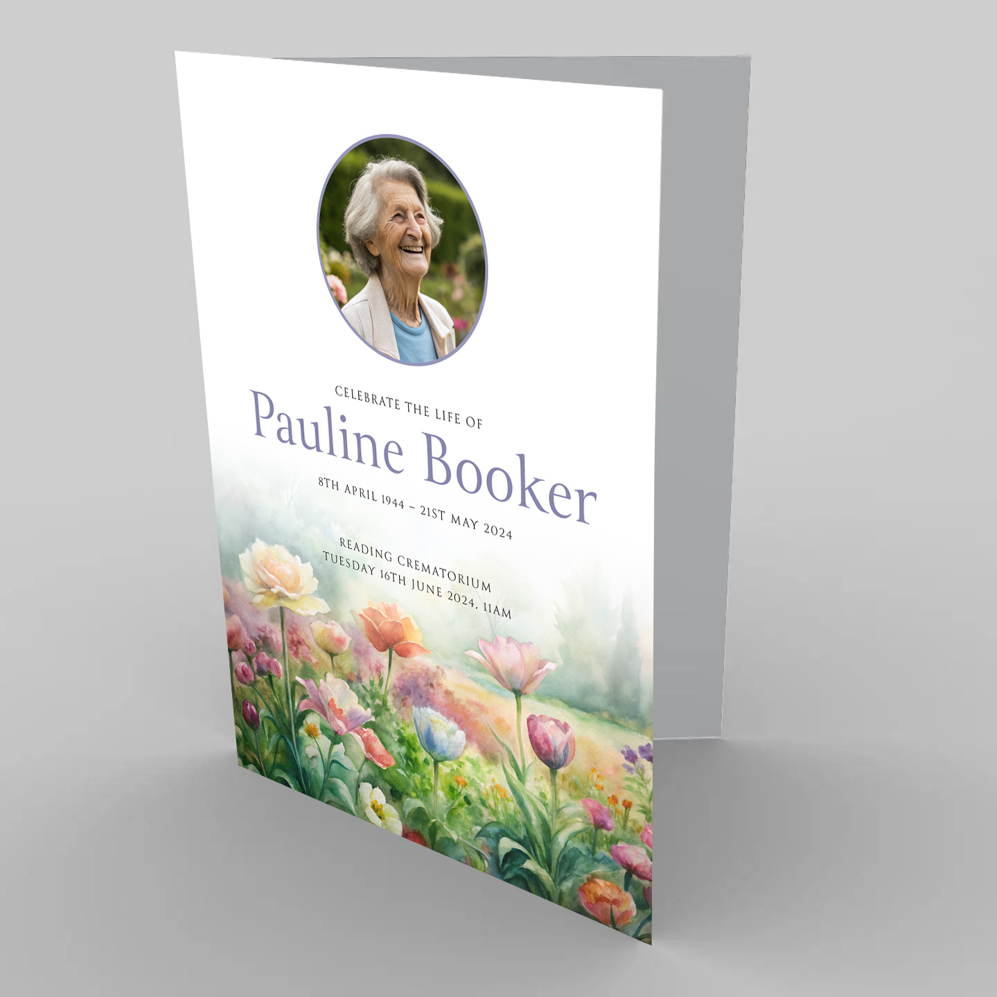 Order of service booklets for funerals with colour flowers. Printed in full colour on 400gsm white card.