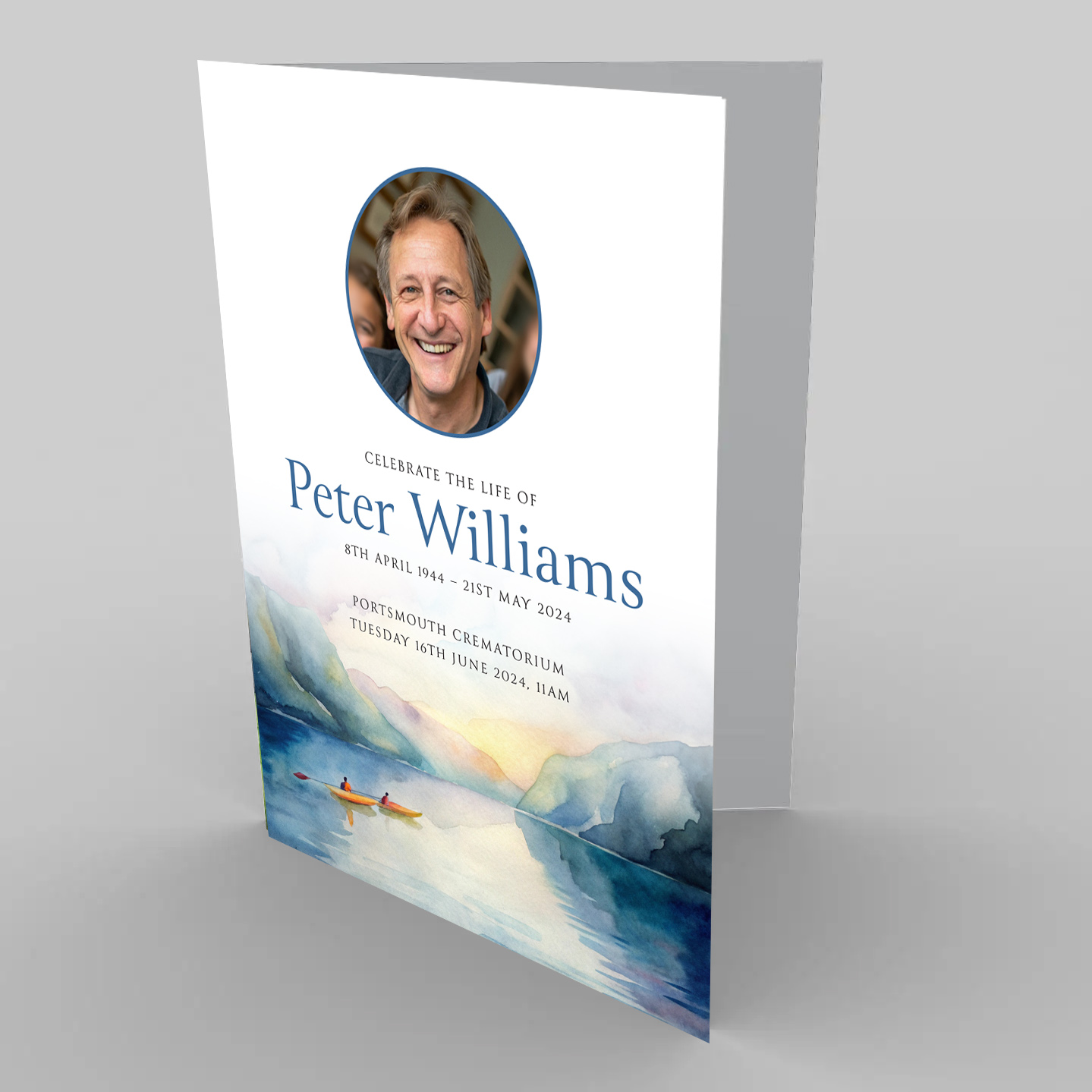 Order of service for funerals, design for someone who loved water sports