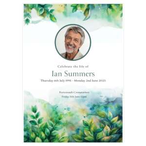 Order of service example, featuring watercolour greenery template.