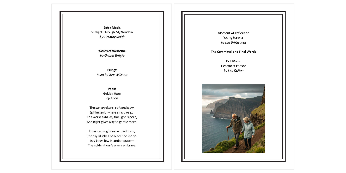Example order of service inner pages - text and photograph