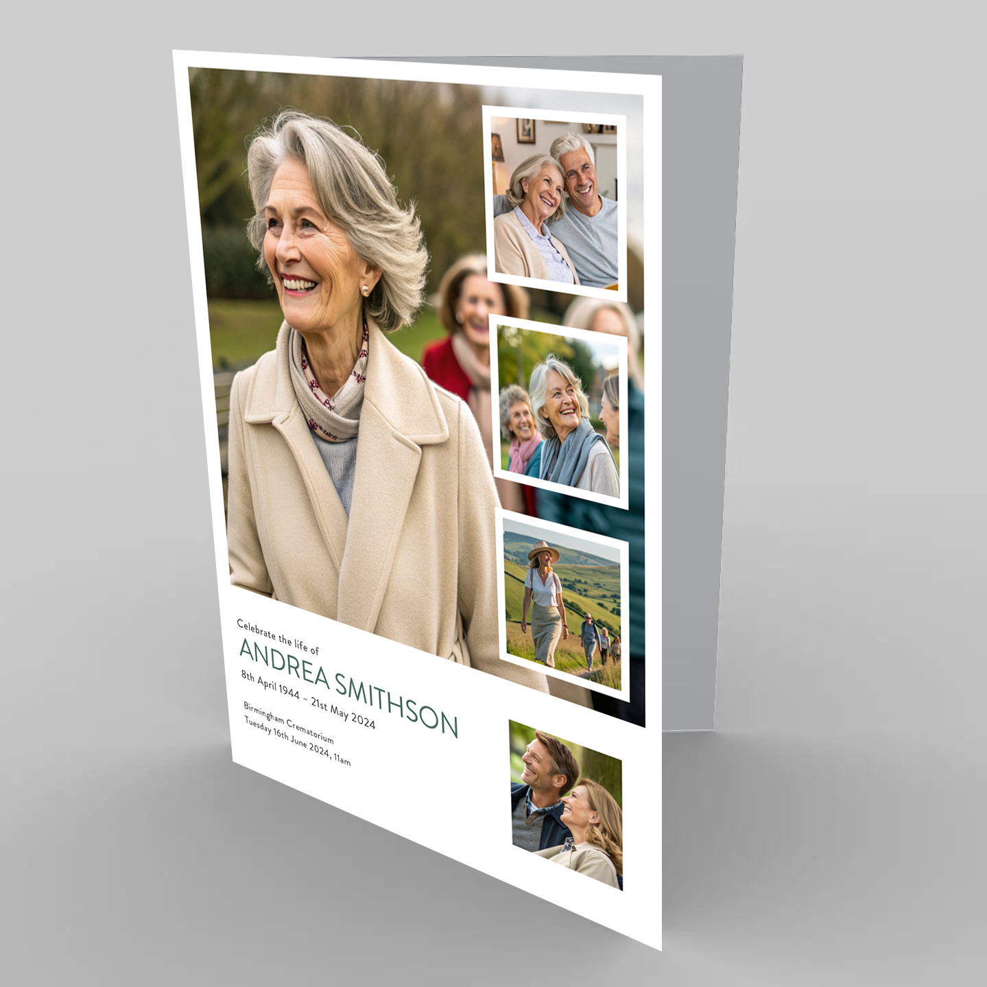 Memory montage funeral order of service template, featuring 5 photographs of your loved one.