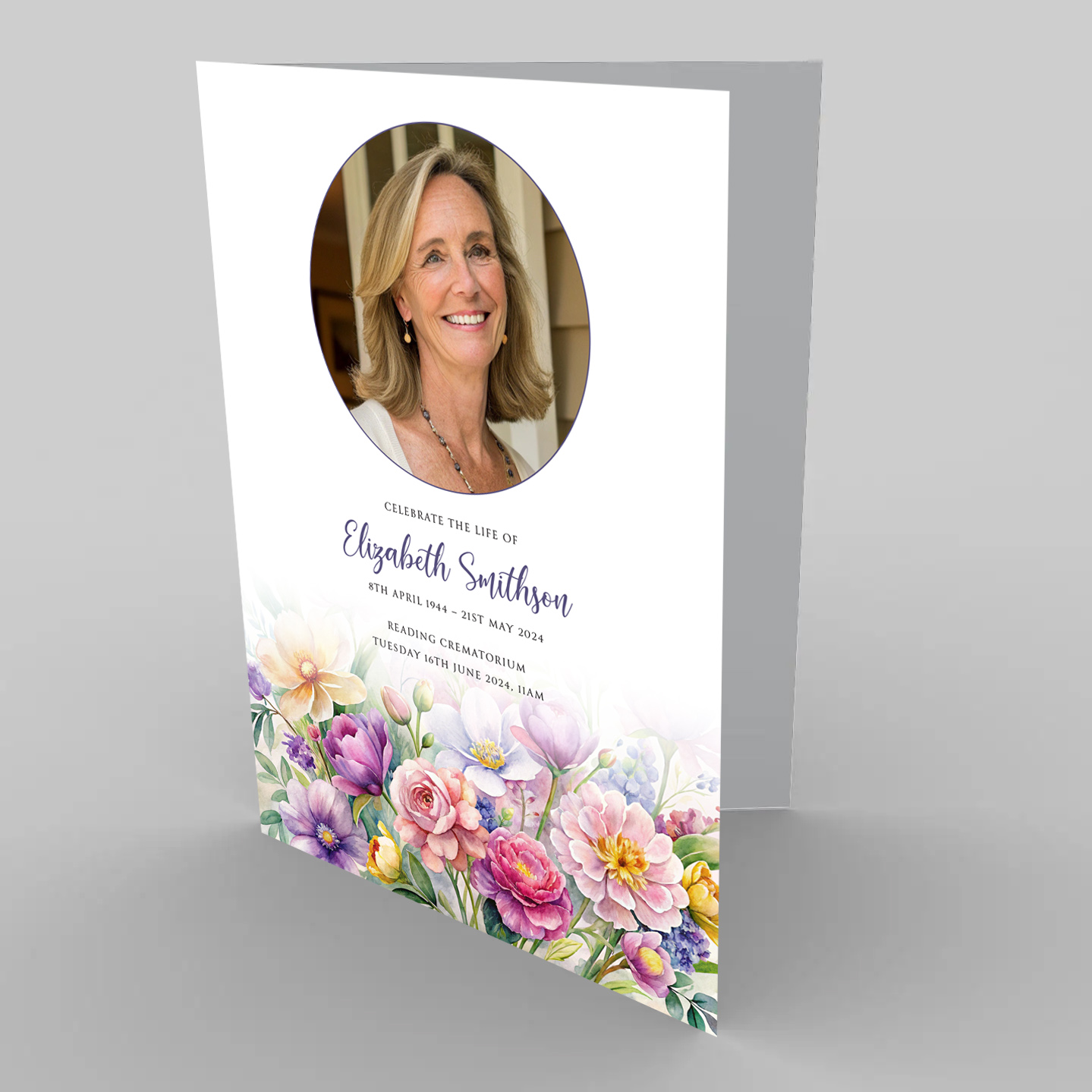 Funeral order of service design featuring beautiful watercolour spring flowers.