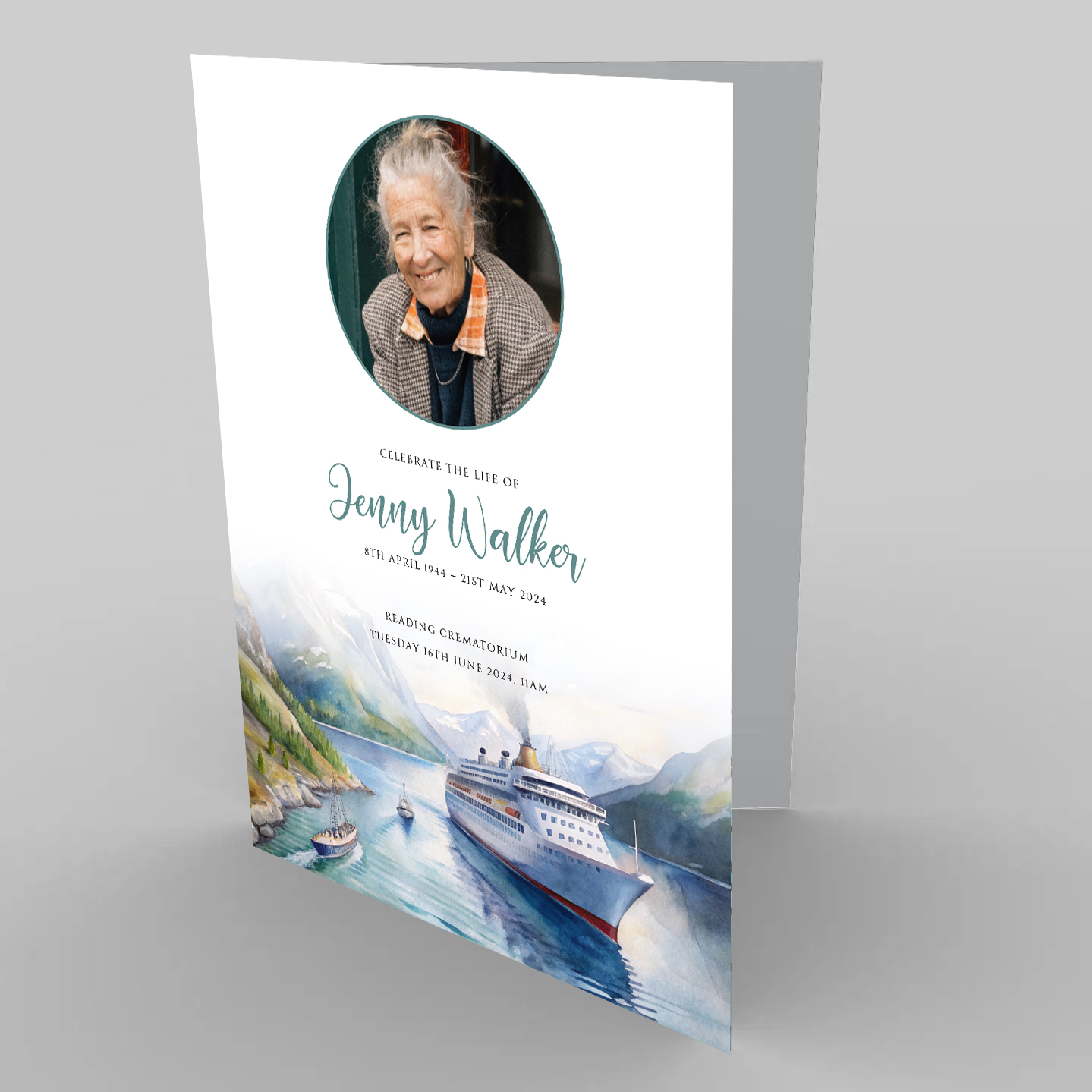 Dream Cruise funeral order of service design. Printed on 400gsm white card.