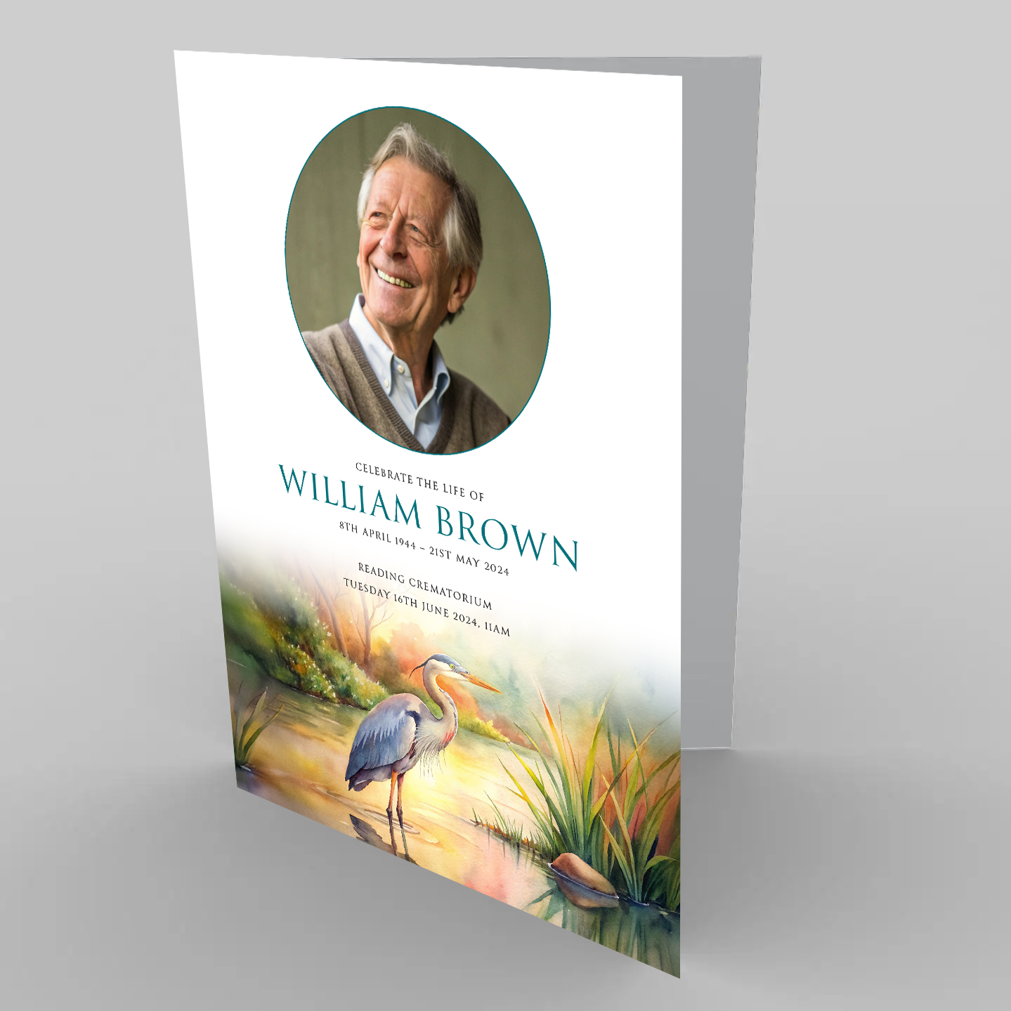 Heron Fishing funeral order of service design. Printed on 400gsm white card.