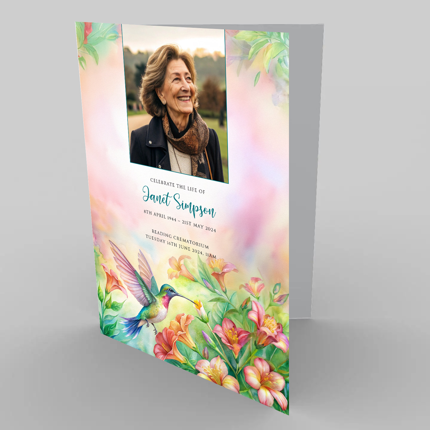Humming Bird funeral order of service design. Printed on 400gsm white card.