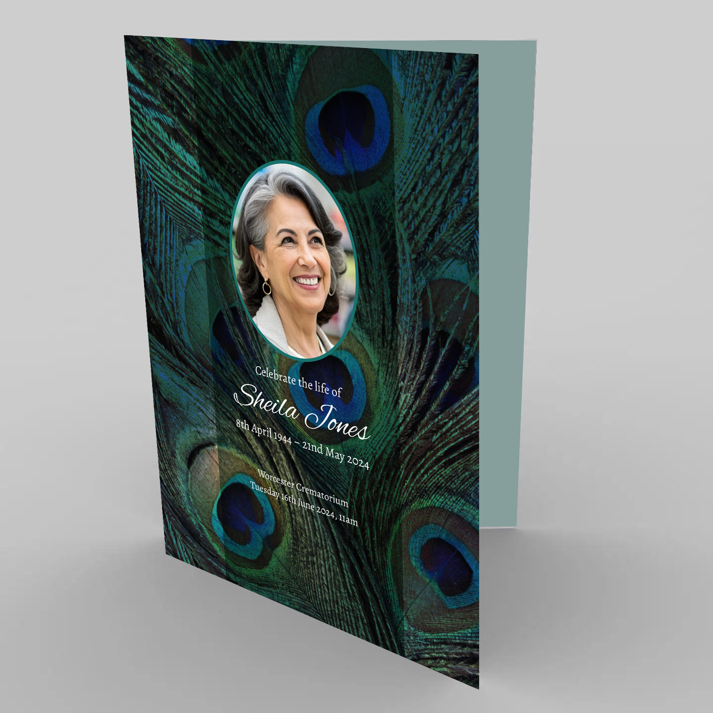 Peacock funeral order of service design. Printed on 400gsm white card.